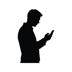 Silhouette of a man engrossed in his phone, isolated on white background, person using phone silhouette vector illustration