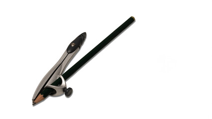 A compass holding a pencil on a white surface, photographed close-up to show how the drawing tool is used for precise measurement and design