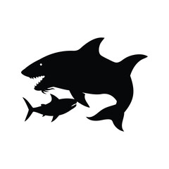A large shark predatory attack silhouette and a small fish prey silhouette, shark attacking prey silhouette vector illustration
