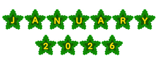 Fototapeta premium A glowing layered green star design displaying “January 2026,” ideal for new-year-themed graphics, seasonal marketing, digital displays, and festive decorative compositions.