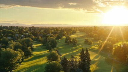 Sunrise over a lush golf course with tall trees and vibrant greens in a serene landscape