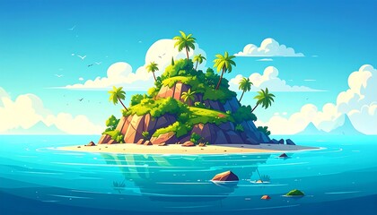 Tropical island paradise with palm trees, serene sea and vibrant sky, a dreamscape