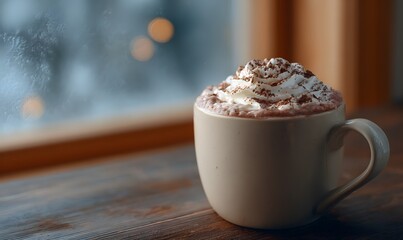 steaming cup of hot chocolate, with whipped cream and a sprinkle of cocoa powder on top