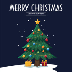 Ornate Christmas Tree with Star and Ornaments, Merry Christmas and Happy New Year Vector Banner Design Template, Winter Landscape