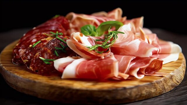 Assorted cured meats on a wooden platter