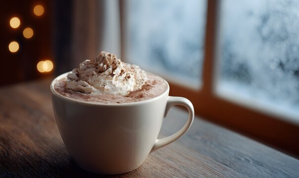 steaming cup of hot chocolate, with whipped cream and a sprinkle of cocoa powder on top - Powered by Adobe