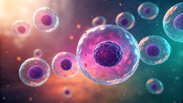 Realistic 3d rendering of human stem cell culture with nucleus and cytoplasm floating in a biological fluid environment with soft light