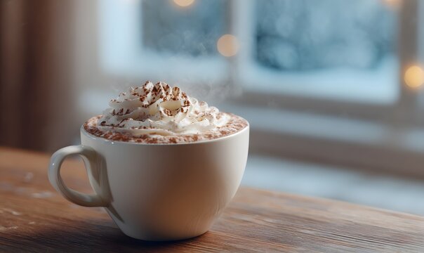 steaming cup of hot chocolate, with whipped cream and a sprinkle of cocoa powder on top