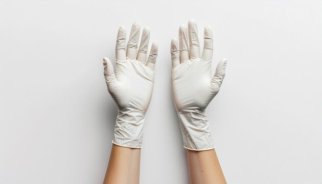Pair of hands wearing white latex medical gloves against a clean white background, top view.