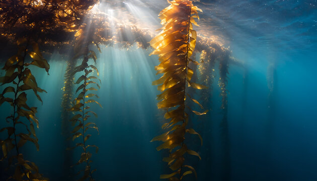 Underwater Kelp Forest Sunlight Rays Blue Water Ocean Deep Sea Marine Life Ecosystem Aquatic Plant Nature Serenity - Powered by Adobe