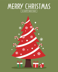 Modern Red Christmas Tree with Candy Cane Decorations, Merry Christmas and Happy New Year Vector Illustration Template Design, Simple Style
