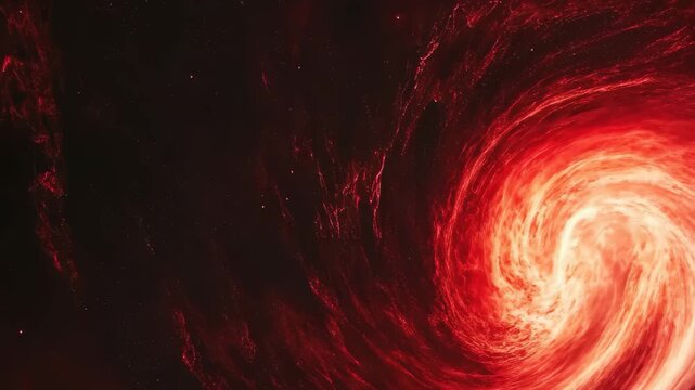 Vibrant red spiral galaxy captured in the depths of space, showcasing swirling gases and cosmic energy