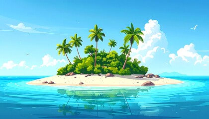 Secluded tropical paradise island with palm trees and clear turquoise ocean waters