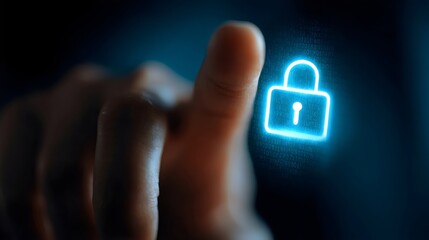 A close-up of a male hand touching a glowing digital padlock symbol on a dark background, symbolizing cybersecurity.