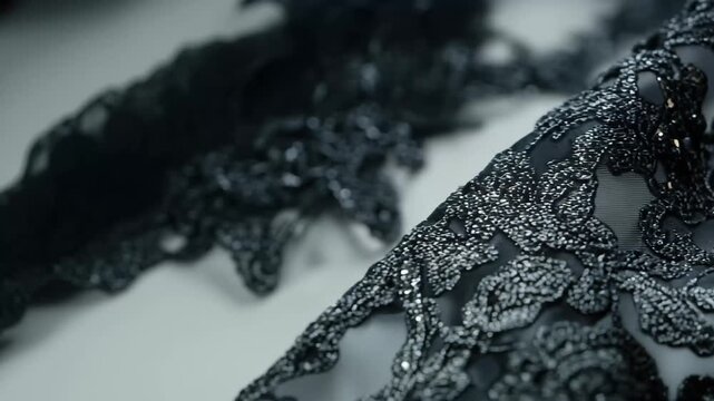 Elegant black lace fabric with intricate patterns and shimmering sequins for design projects