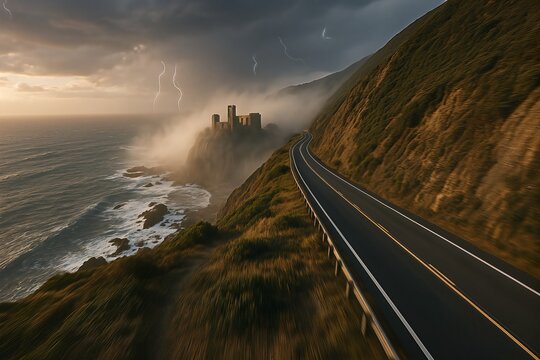 Coastal road along cliffs in storm