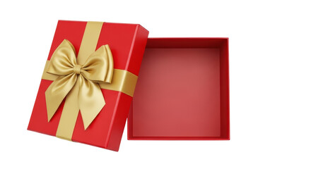 Open red gift box with golden ribbon isolated PNG, present container for celebration and special...
