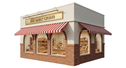 Charming bakery shop facade PNG isolated on transparent background, brick building with striped awning and delicious pastries display