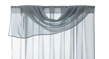 Elegant sage green sheer window curtains with swag isolated PNG, soft light filtering drapes for bedroom or living room on transparent background