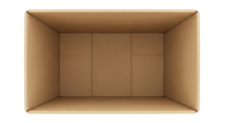 Open cardboard box PNG isolated on transparent background, empty container for storage and shipping, brown corrugated carton for packaging