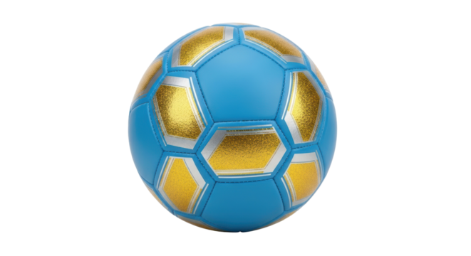 Blue and gold soccer ball PNG isolated on transparent background, sports equipment for games and recreation, shiny and colorful