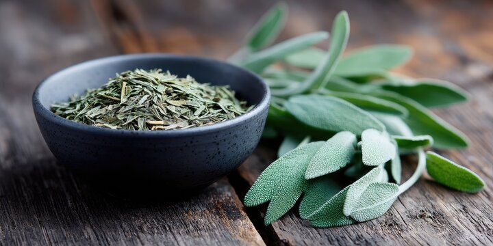 Fresh herbs in a bowl rustic kitchen setting culinary content natural environment close-up viewpoint cooking inspiration