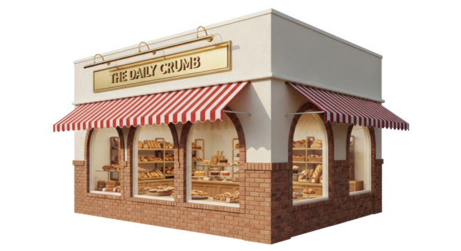 Charming bakery shop facade PNG isolated on transparent background, brick building with striped awning and delicious pastries display