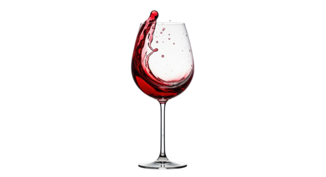 Red wine splash in a glass isolated PNG, dynamic movement of liquid on transparent background for beverage and celebration concepts