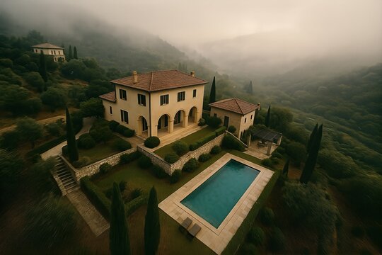Aerial view of villa with pool