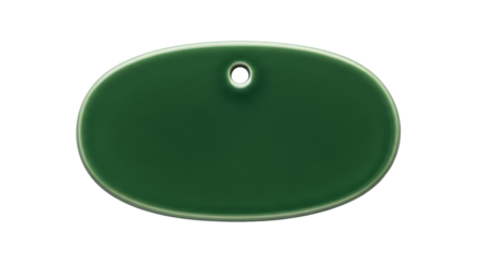Oval green ceramic tag isolated PNG on transparent background, blank label with hole for personalized message or product identification