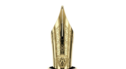 Ornate gold fountain pen nib isolated PNG on transparent background, luxury writing instrument for calligraphy and design