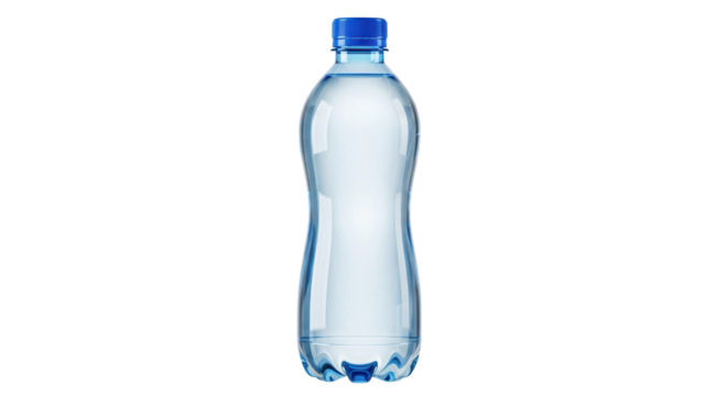 Clear plastic water bottle with blue cap isolated PNG, refreshing drink container for hydration and healthy lifestyle on transparent background