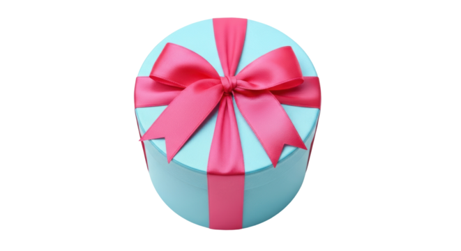 Light blue round gift box with pink ribbon isolated PNG, present for birthday or special occasion on transparent background