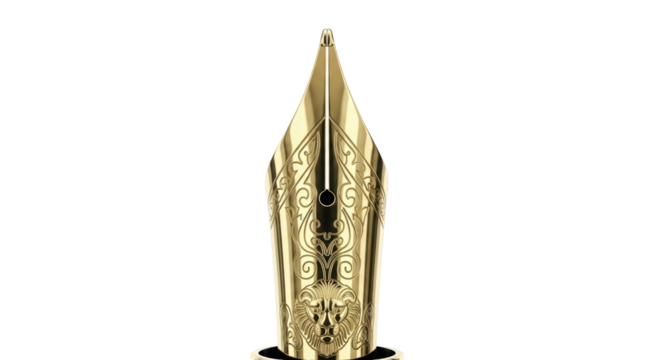Ornate gold fountain pen nib isolated PNG on transparent background, luxury writing instrument for calligraphy and design