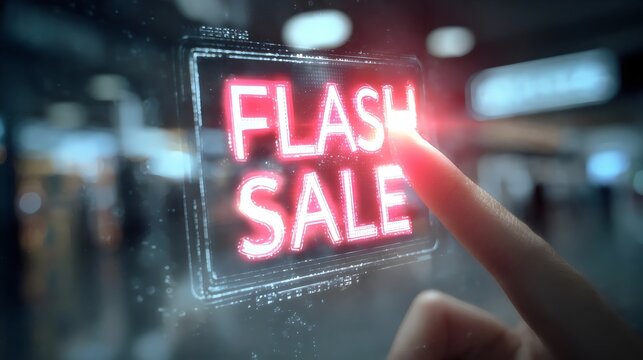 A person's finger touches a bright 'Flash Sale' sign, signaling a limited-time shopping opportunity in a busy retail environment. - Powered by Adobe