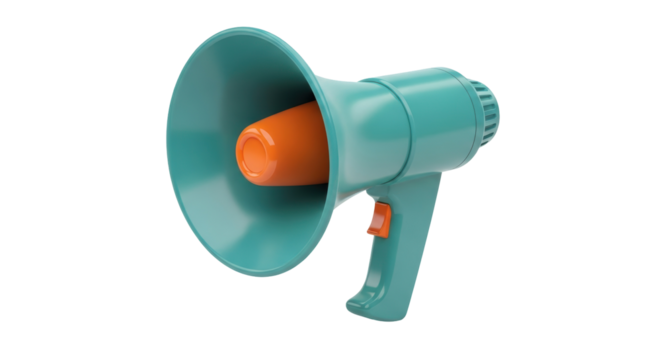 Teal megaphone PNG isolated on transparent background, bullhorn loudspeaker for announcements and communication, public address system