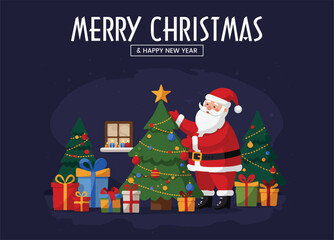 Santa Claus Decorating a Christmas Tree Surrounded by Gifts, Merry Christmas and Happy New Year Vector Illustration Template Design