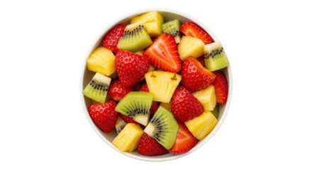 Delicious fruit salad with strawberries, kiwi, and pineapple isolated PNG, healthy eating concept for summer recipes and food photography