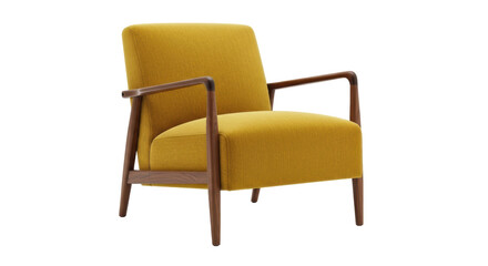 Modern mustard yellow armchair isolated PNG, mid-century style lounge chair with wooden frame for living room or office furniture