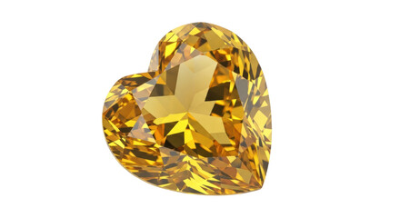 Heart shaped yellow gemstone isolated PNG on transparent background, faceted citrine crystal for jewelry design and Valentine s Day