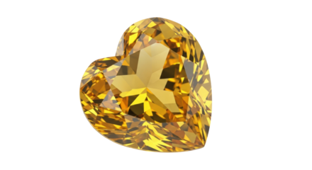 Heart shaped yellow gemstone isolated PNG on transparent background, faceted citrine crystal for jewelry design and Valentine s Day