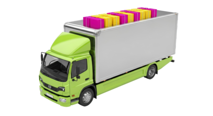 Green delivery truck with pink and yellow boxes isolated PNG, commercial vehicle for transportation and logistics on transparent background