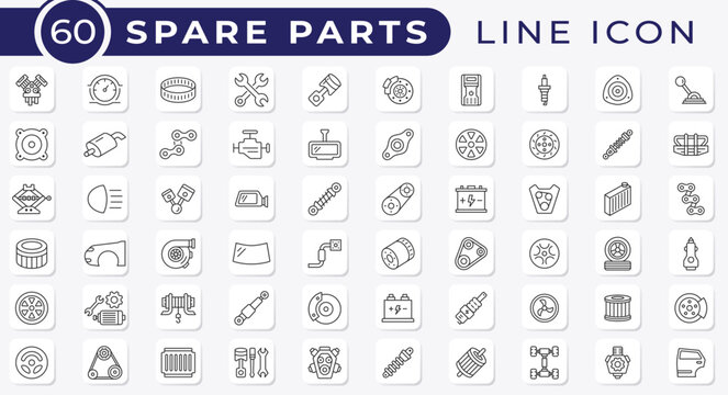 Car Spare Parts Line Icons. Engine, Piston, Brake, Gear, Tire, Filter and Automotive Service Icon Collection