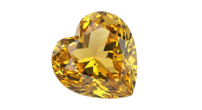 Heart shaped yellow gemstone isolated PNG on transparent background, faceted citrine crystal for jewelry design and Valentine s Day