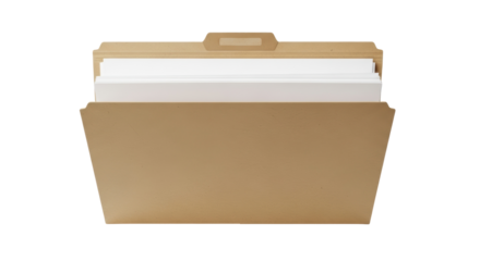 Manila file folder with documents isolated PNG, office supplies for organization and paperwork management on transparent background