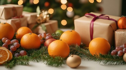 Fresh oranges arranged in a wooden bowl surrounded by festive decorations and gifts, creating a warm holiday atmosphere with vibrant colors
