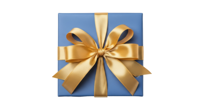 Blue gift box with golden ribbon isolated PNG, present for birthday or special occasion, surprise package on transparent background
