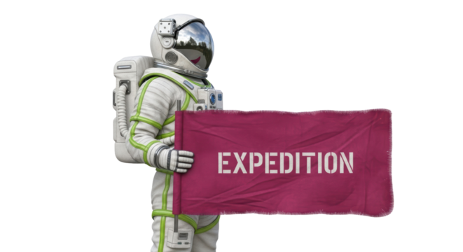 Astronaut in spacesuit holding a maroon expedition banner isolated PNG, futuristic space explorer with flag on transparent background