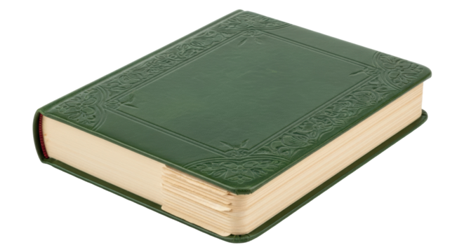Green leather bound book isolated PNG, antique journal with gold embossed floral design for vintage scrapbooking and historical projects