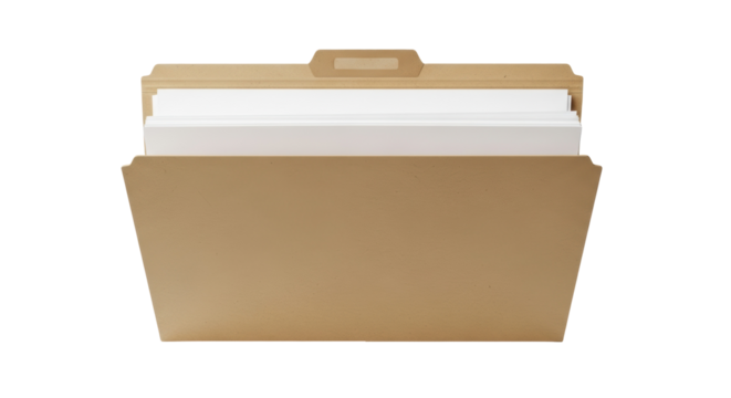 Manila file folder with documents isolated PNG, office supplies for organization and paperwork management on transparent background